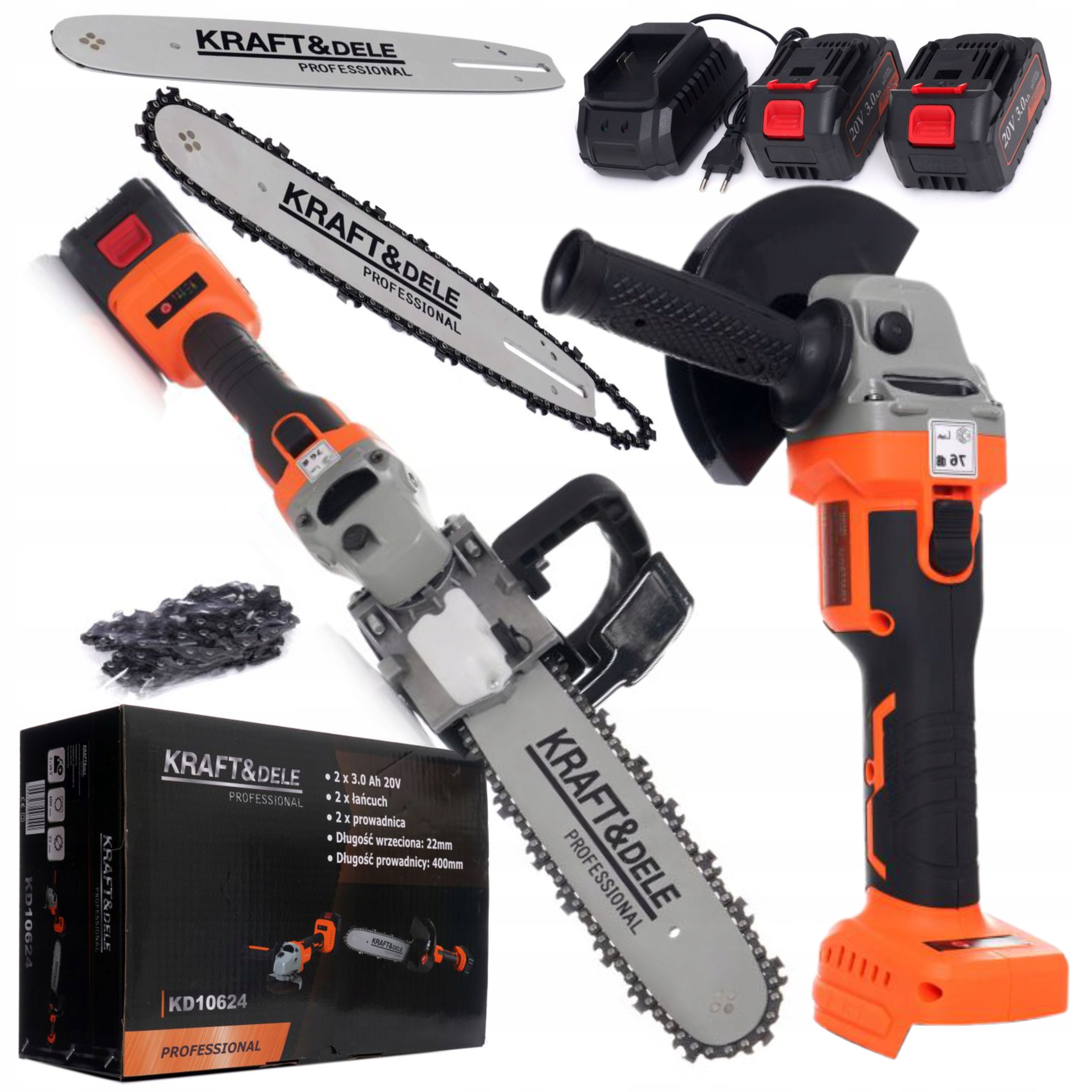 Aku úhlová bruska + adaptér na pilu 2x20V KD10624 KRAFT&DELE